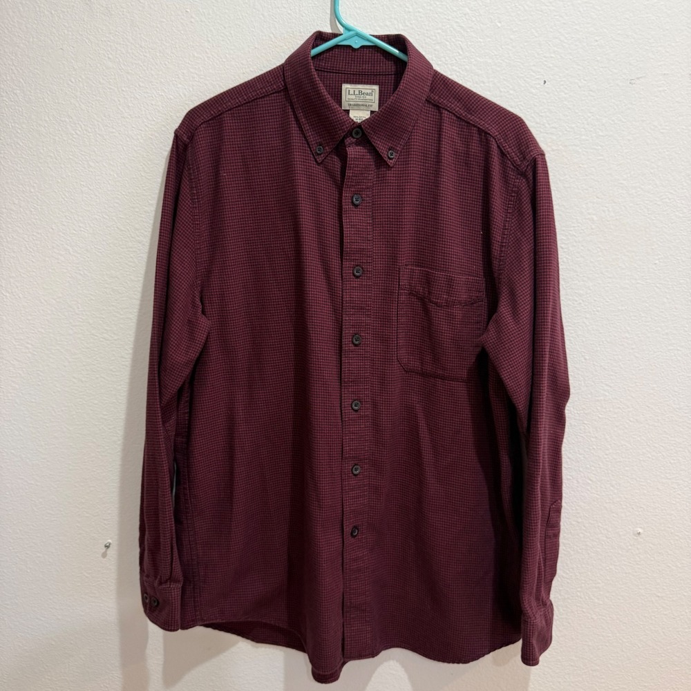 LL Bean Mens Traditional Fit Cotton Houndstooth Button Down Shirt Burgundy M-REG